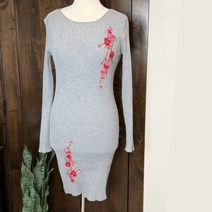 Poof embroidered bodycon sweater dress grey with florals long sleeve midi Size L